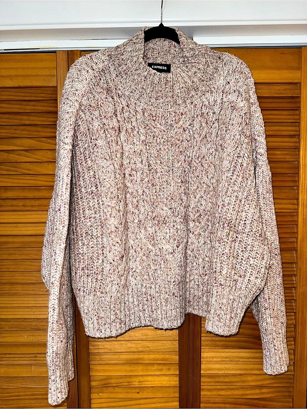 Express Relaxed Mock Neck Cable Knit Sweater Pink & White